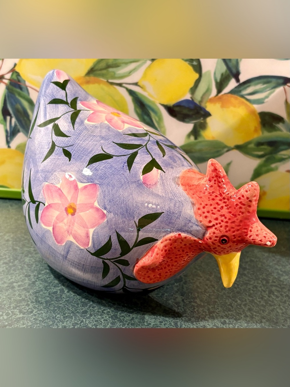 Vintage Hand-Painted Floral Ceramic Chicken/Rooster